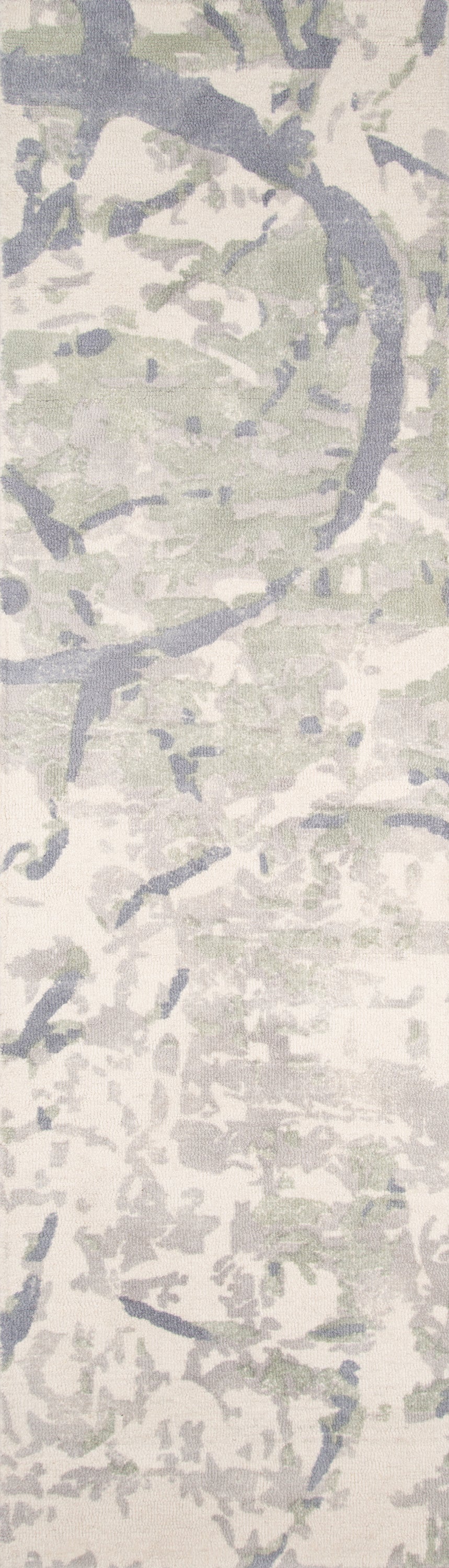 Abstract camo-pattern rug in ivory, pale grey and sage green with a soft, textured weave.