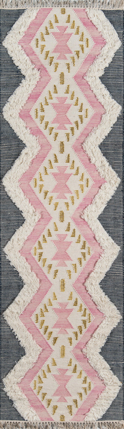 Pink and cream geometric area rug with zigzag diamonds, gold accents and white fringe.