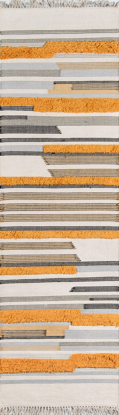 Cream base rug with bold orange shaggy stripes and thin gray-black woven lines.