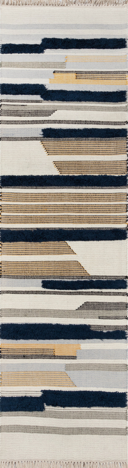 Woven area rug with cream base, navy stripes, beige blocks and mustard accents; geometric fringe edges.