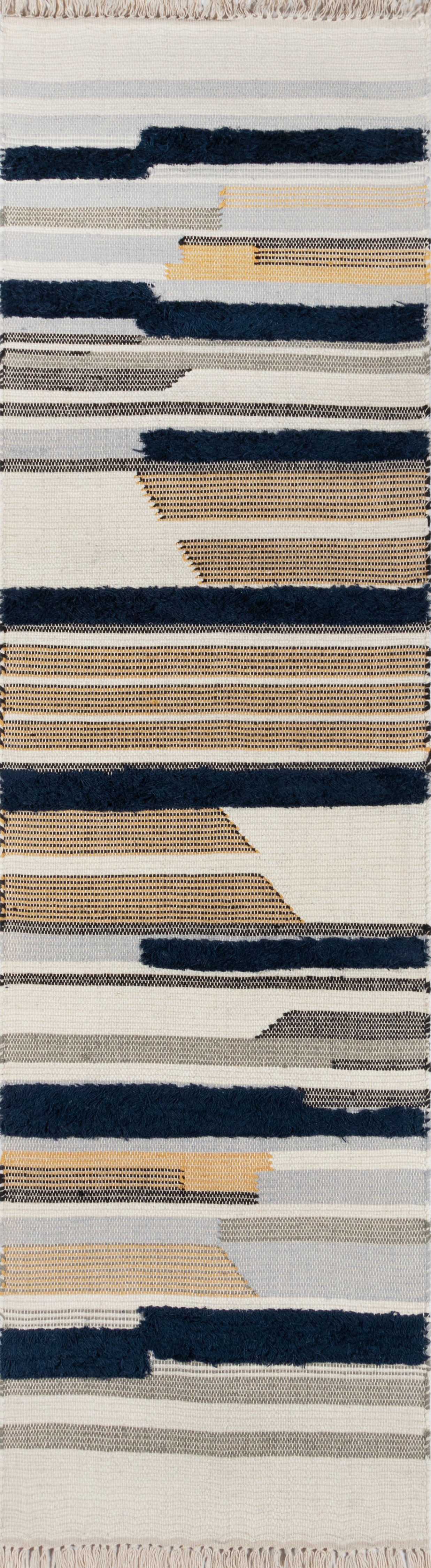 Abstract striped rug with navy blue, cream, gray & honey mustard bands; textured woven surface, fringe edges.