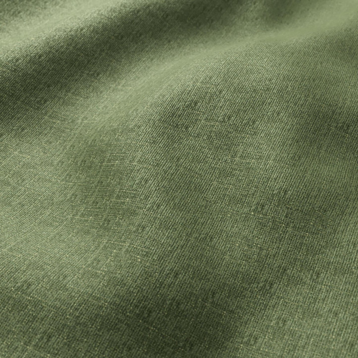 Olive-green chenille fabric close-up with soft drape and fine weave texture.