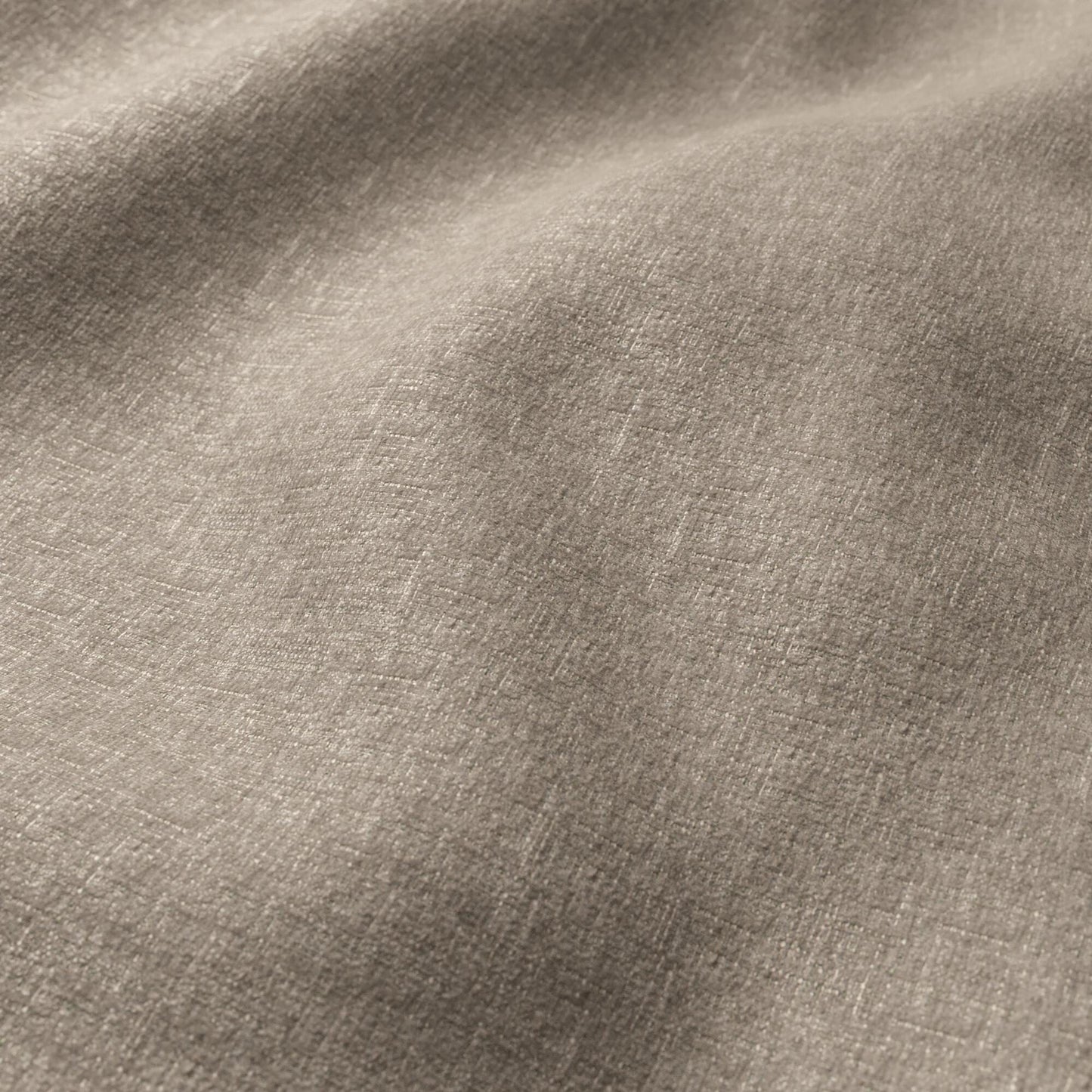 Gray-taupe chenille fabric close-up with soft folds and subtle weave; versatile for apparel or home decor.