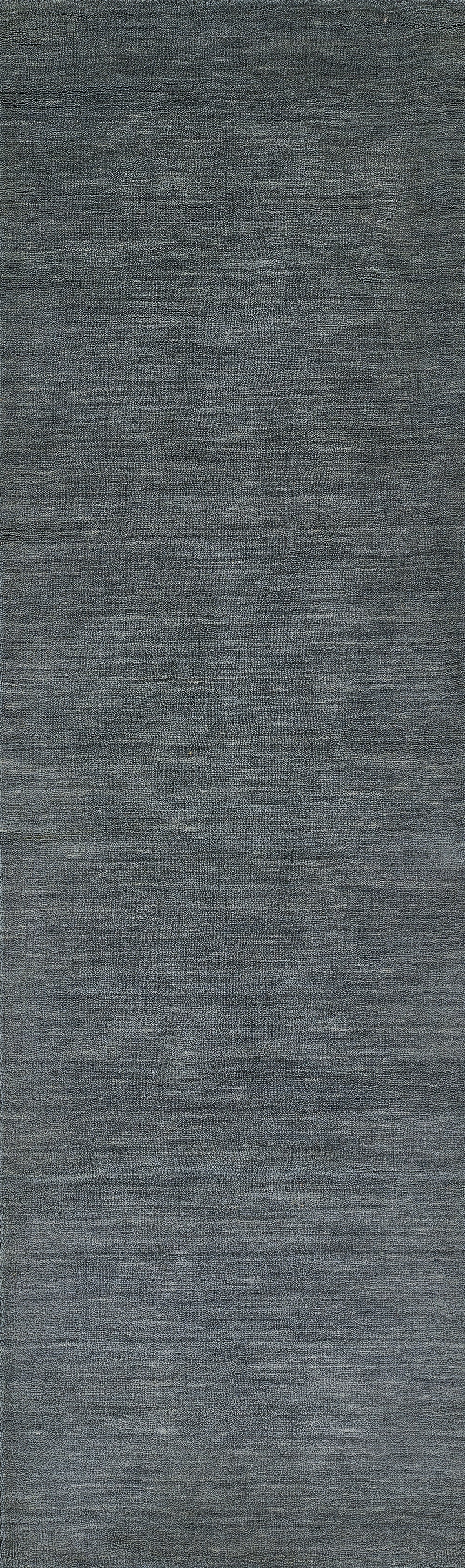 Blue-gray woven rug with subtle heather texture and horizontal striations.