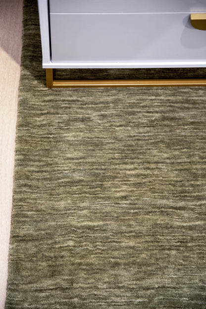 Partial view of a green textured rug.