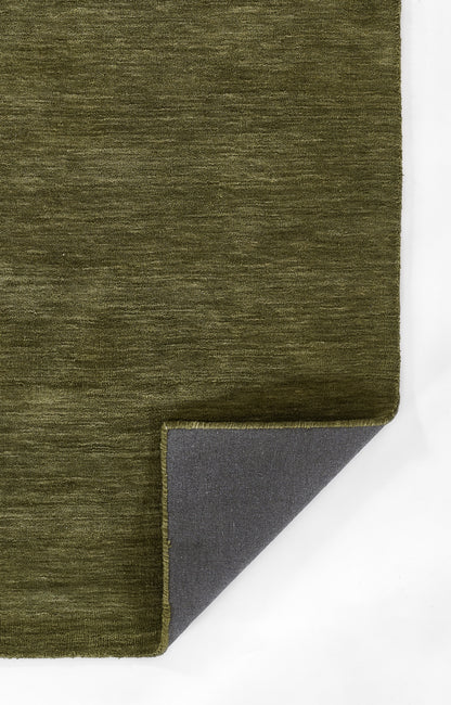 Olive green woven rug with grey underside; folded corner reveals backing, rectangular textured floor decor.