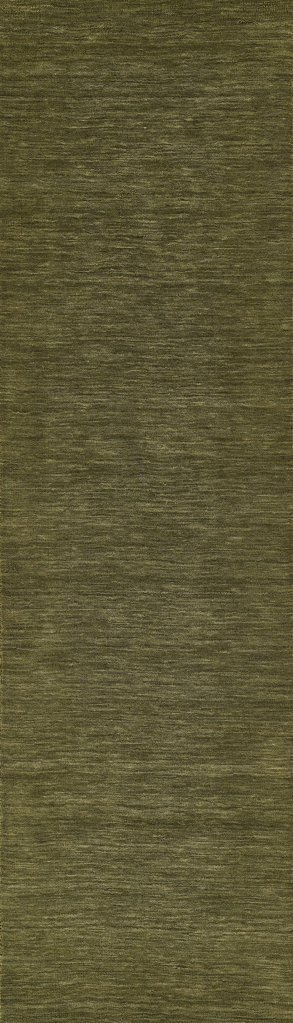Olive green rug runner with subtle woven texture, 2' x 8'.
