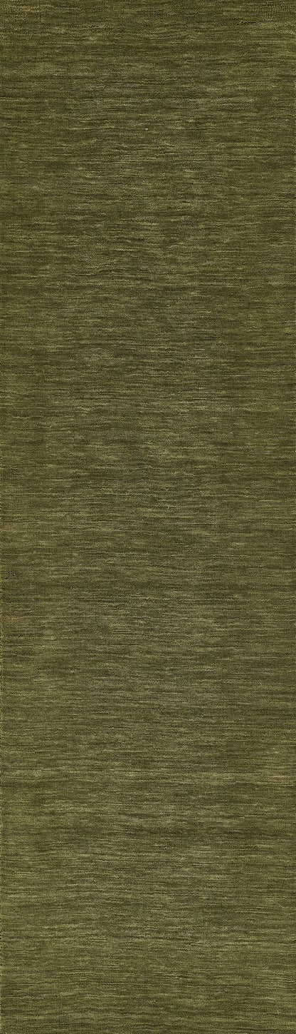 Olive green rug runner with subtle woven texture, 2' x 8'.