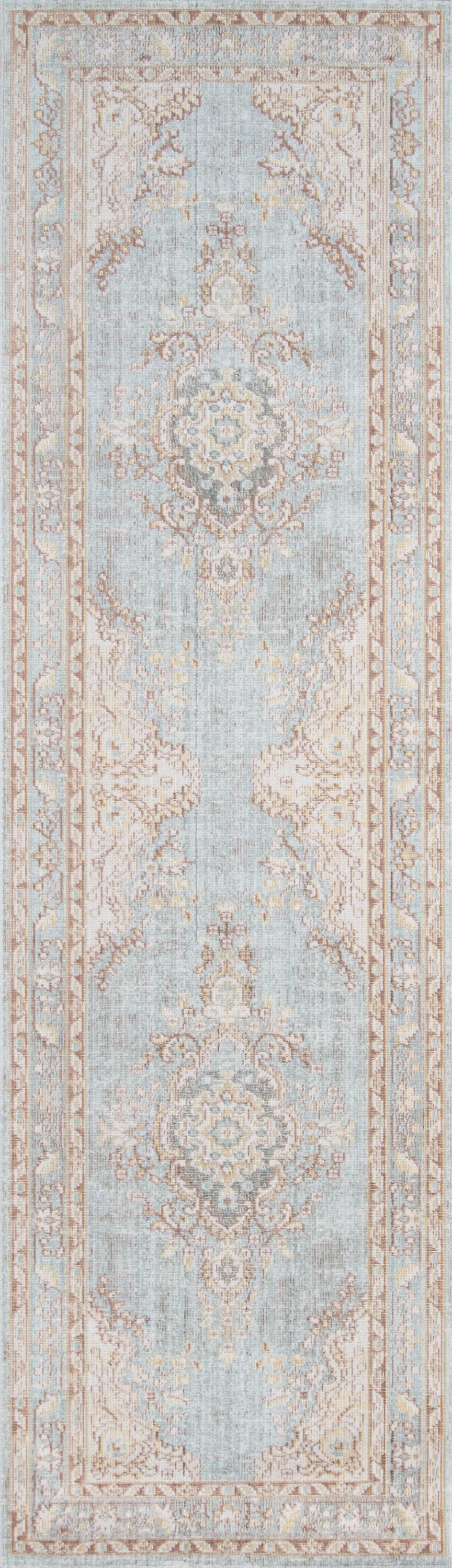 Blue area rug with ivory-beige damask medallions and an ornate floral border; hallway decor.