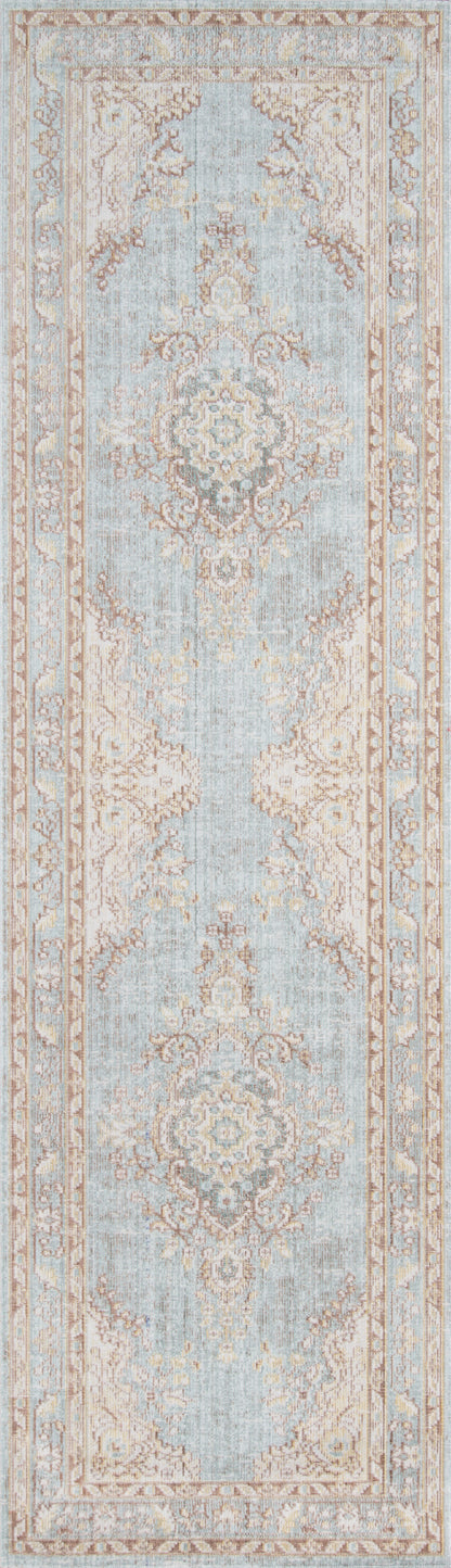 Blue area rug with ivory-beige damask medallions and an ornate floral border; hallway decor.