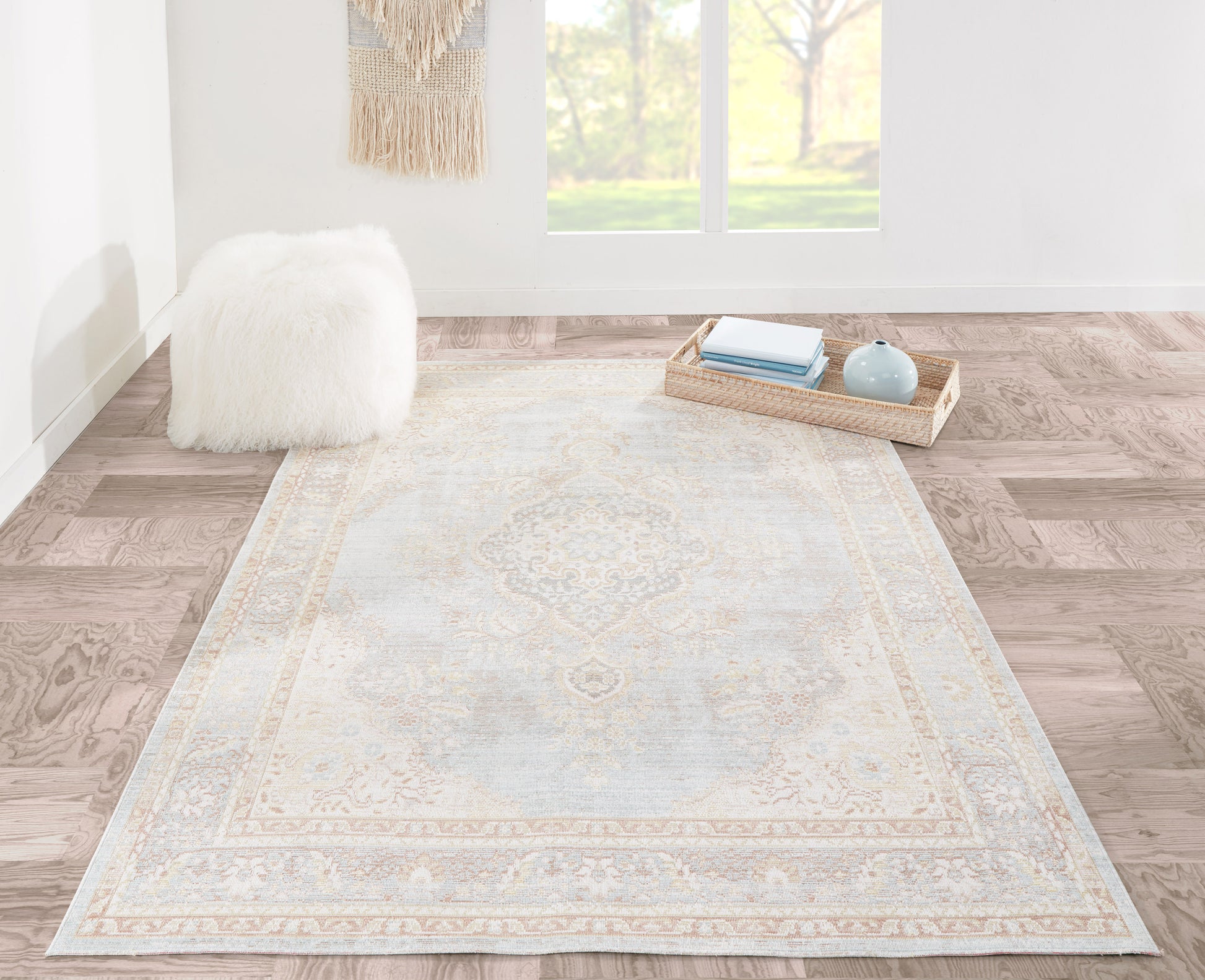 Soft light-blue and ivory ornate area rug with a traditional medallion border, ideal for living spaces.