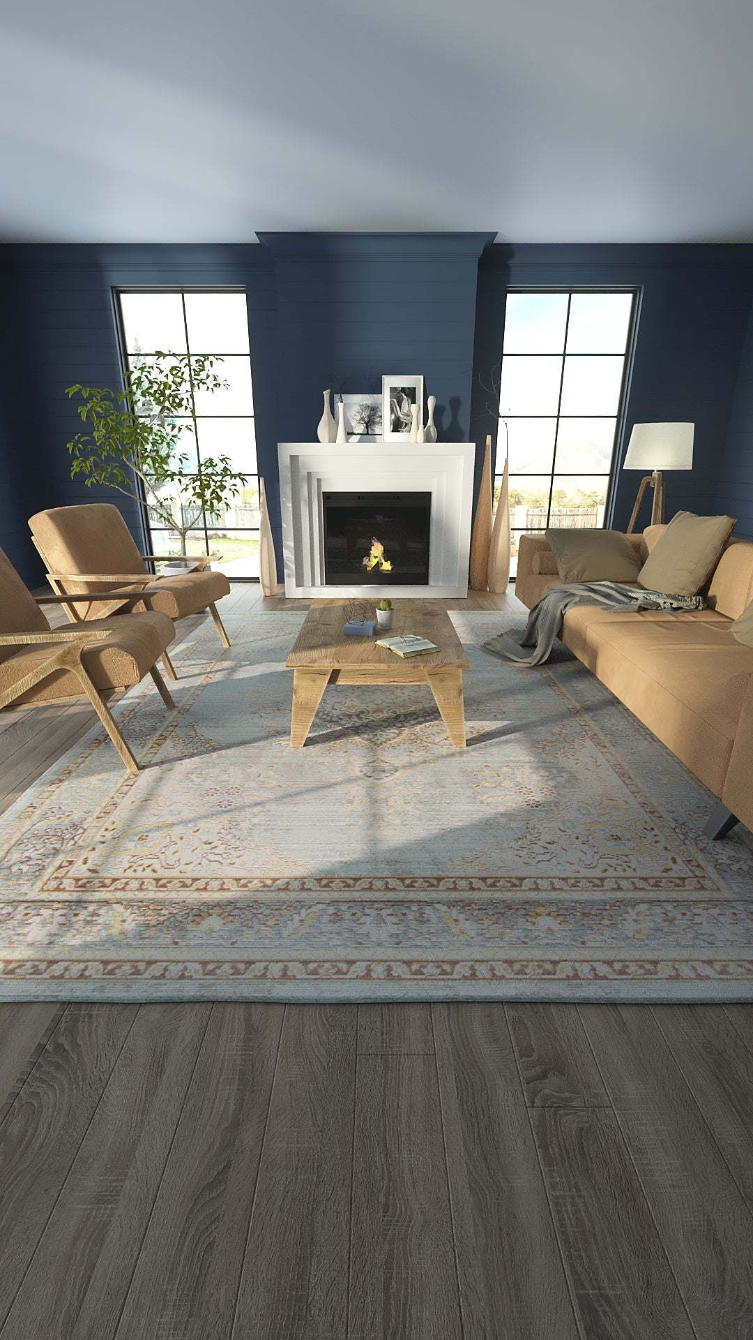 Living room with dark blue walls, white fireplace, mid-century chairs, beige sofa, glass coffee table, and large windows.