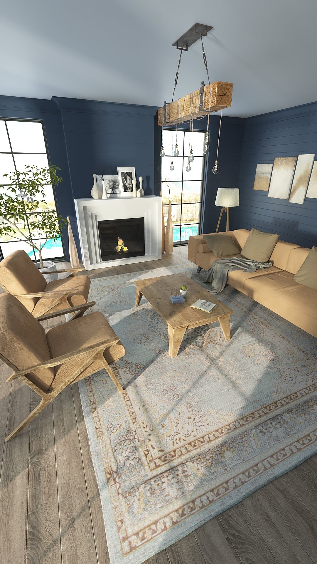 Cozy living room: navy walls, beige sofa, wood chairs, light wood coffee table, fireplace, patterned rug, chandelier.