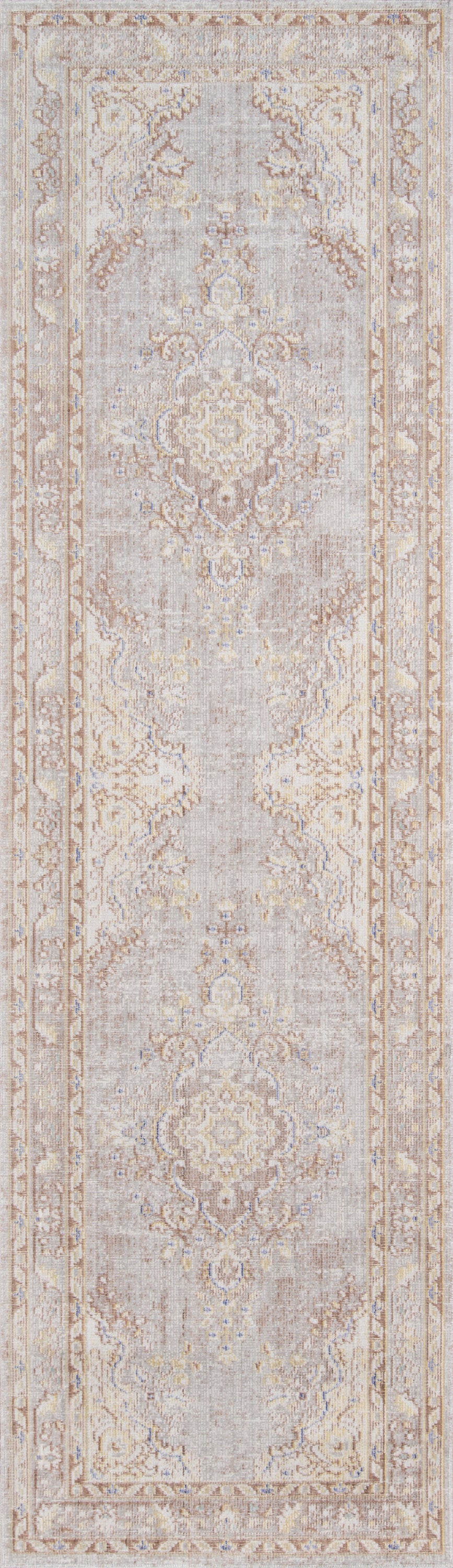 Rectangular hallway runner rug in pale gray and beige with ornate Persian-inspired medallions and borders.