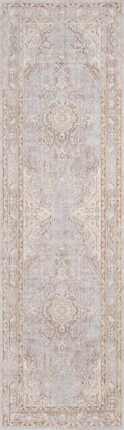 Gray ornate area rug with distressed ivory-gray tones, featuring a central medallion and decorative border.