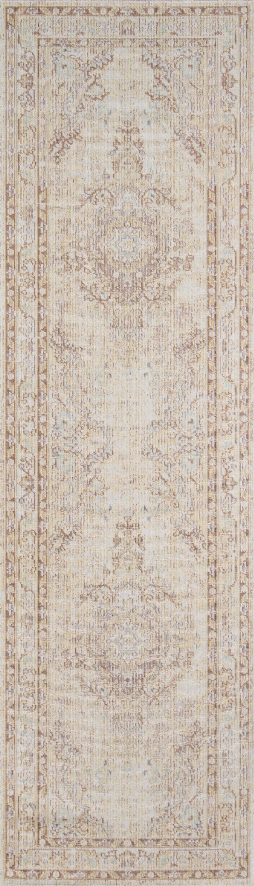 Ivory beige Persian-style rug runner with ornate floral borders and a faded central medallion.