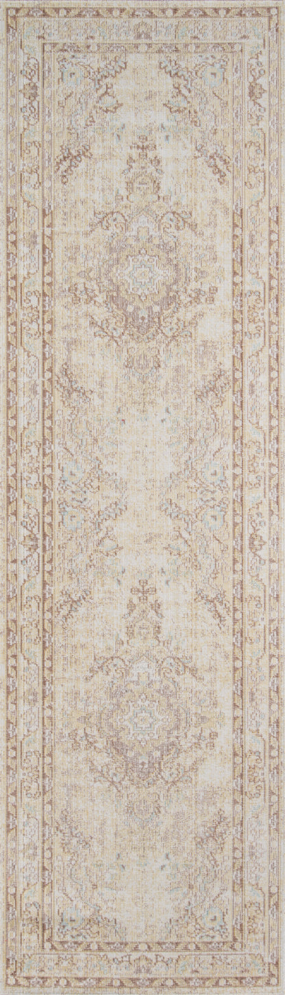 Ivory distressed oriental rug with beige, pale blue highlights and floral medallion border.