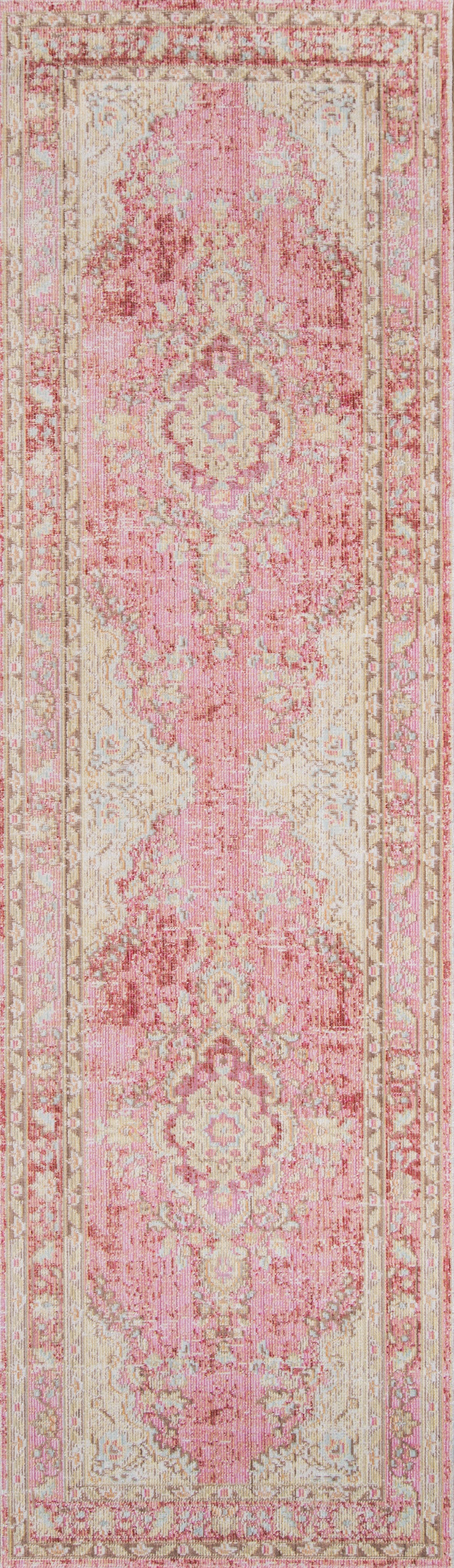 Pink & ivory oriental area rug with intricate floral medallions and decorative border.