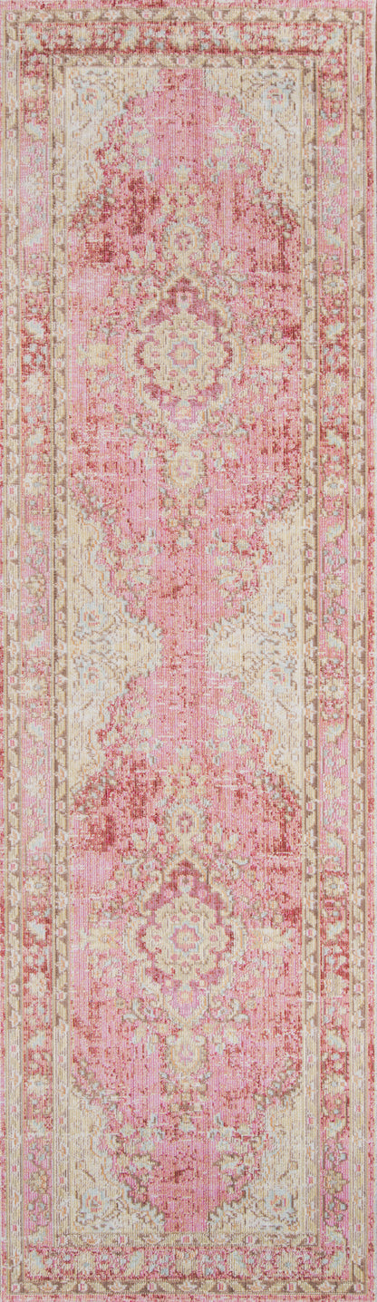 Pink oriental rug with cream border and intricate floral medallion motif along its length.