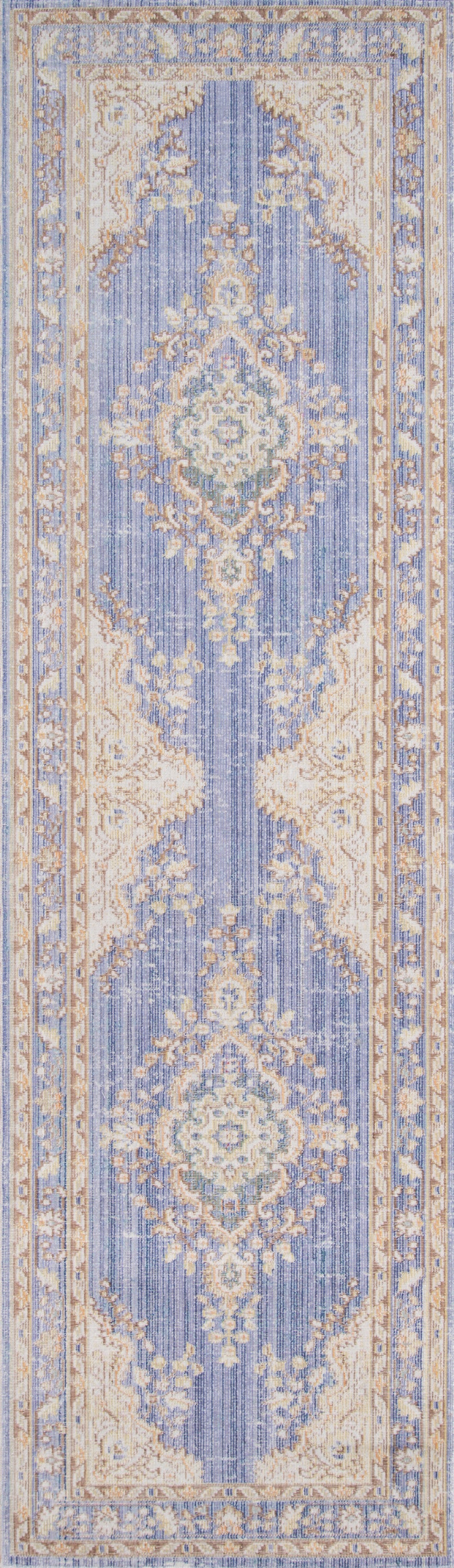 Lavender-blue oriental area rug, 5' x 7', with ivory and gold floral medallions and borders; ornate traditional hallway decor.