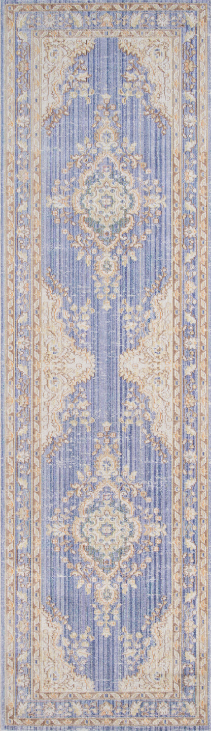 Lavender-blue oriental area rug, 5' x 7', with ivory and gold floral medallions and borders; ornate traditional hallway decor.