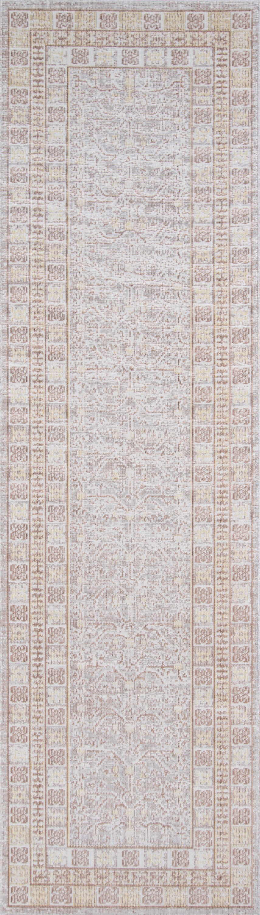 Rectangular gray-beige runner rug with intricate border motifs and a muted central field; traditional hallway decor.
