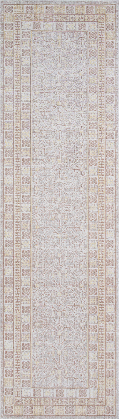 Rectangular gray-beige runner rug with intricate border motifs and a muted central field; traditional hallway decor.