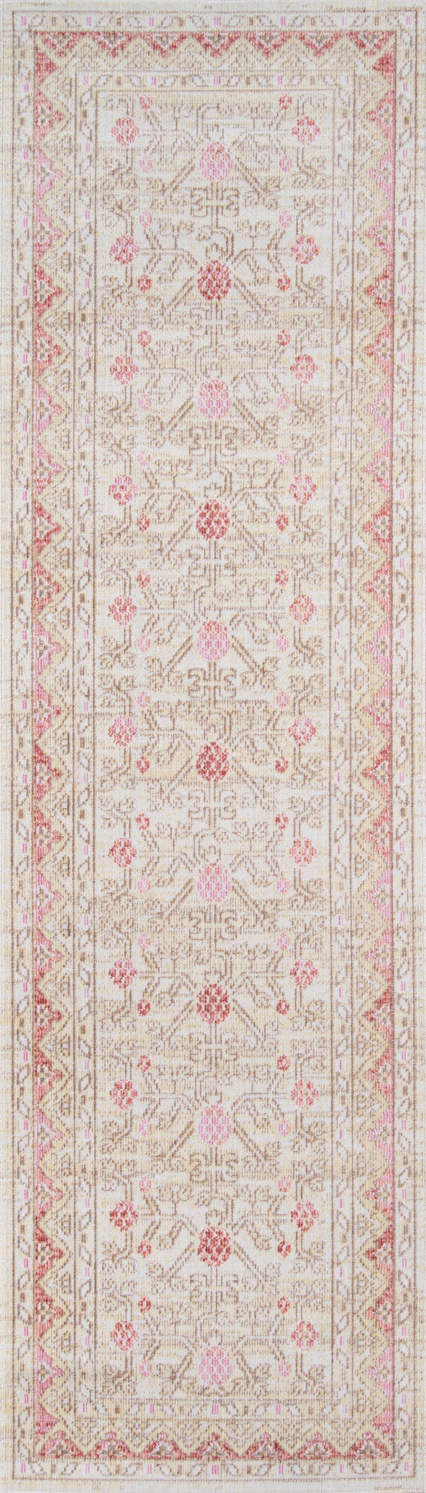 Pastel pink and ivory Persian-style rug with floral medallions and an intricate border, 5' x 7'.