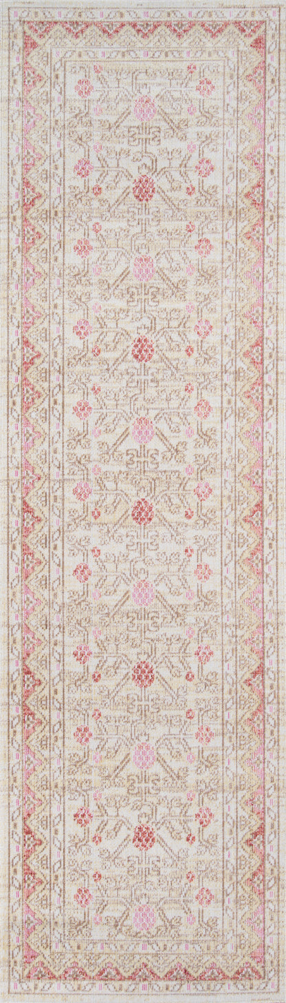 Ivory-pink Persian-style area rug with floral medallions & ornate borders; woven textile for living room or hallway.