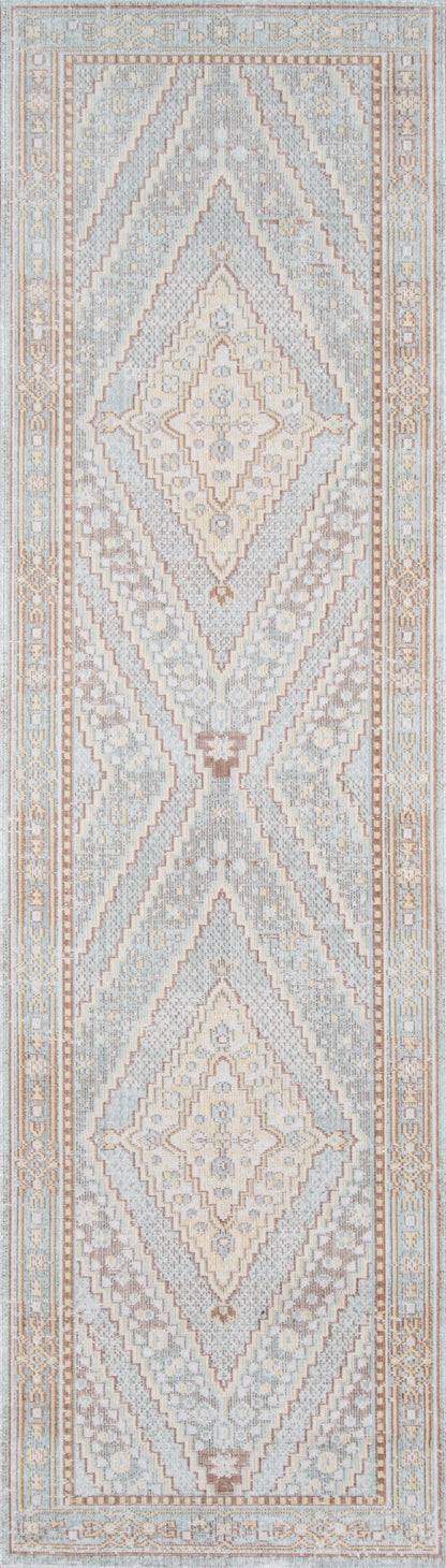 Rectangular woven runner rug in soft blue-gray with cream and beige diamond medallions and borders, Moroccan-inspired pattern.