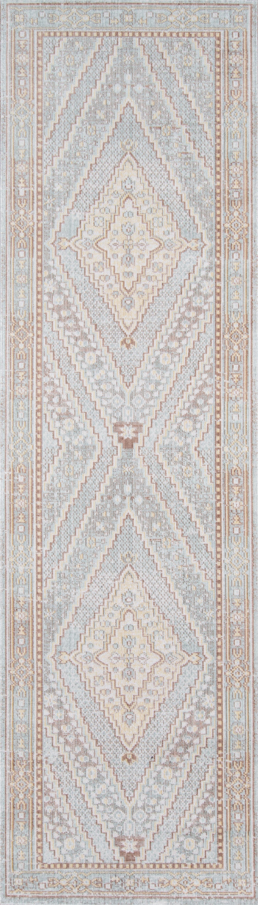 Blue, beige and ivory geometric rug runner with repeated diamond medallions and ornate borders.