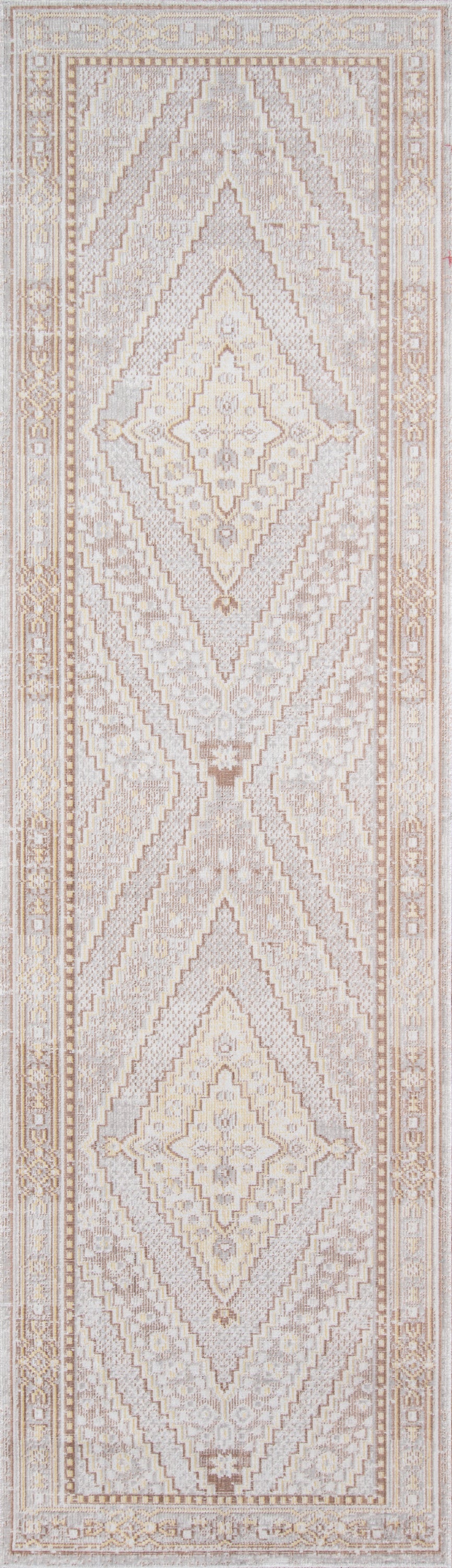 Soft gray-beige geometric diamond hallway runner rug with ivory border, contemporary oriental design.
