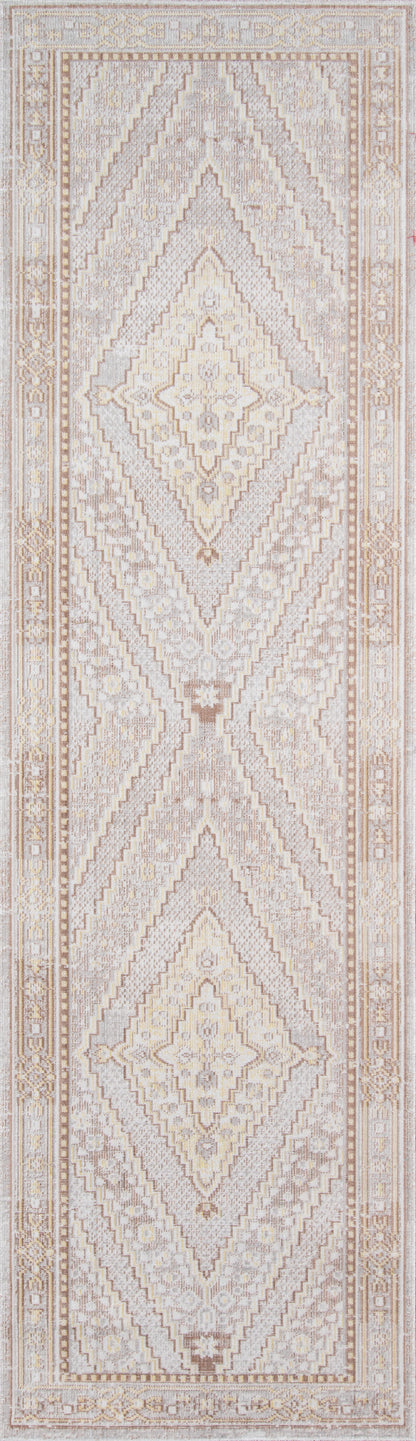 Soft beige, ivory and gray runner rug with geometric diamond medallions and a delicate border; kilim-inspired style.