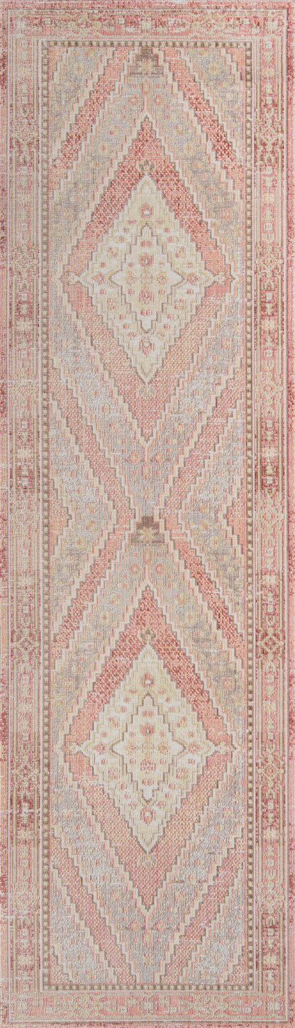 Pink and ivory diamond-pattern rug runner with decorative borders in soft, muted tones.