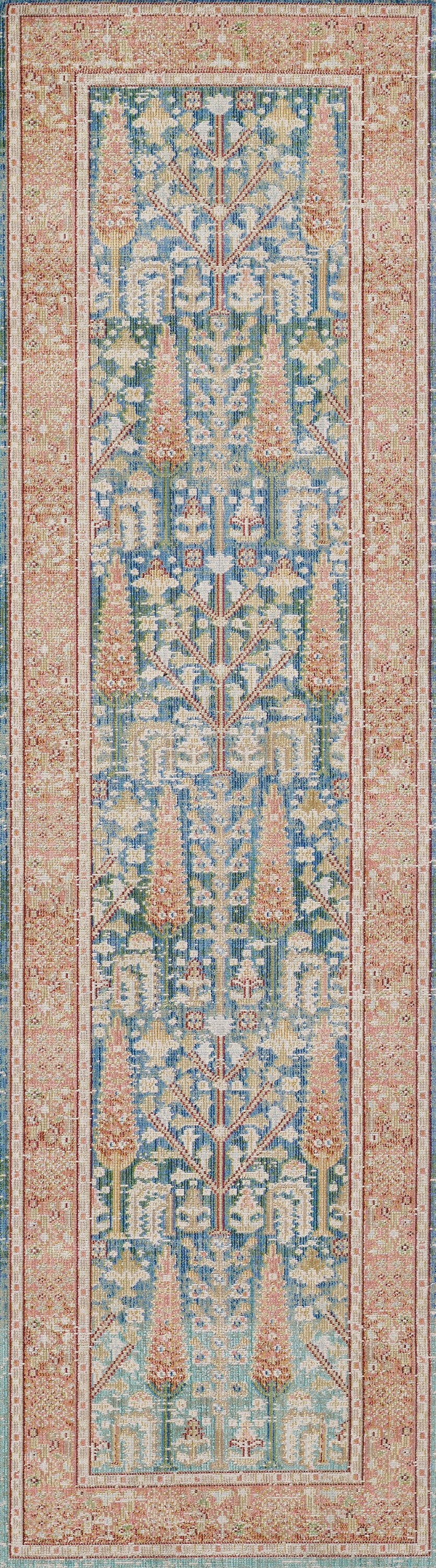 Isabeisa blue-peach Persian-style runner rug with intricate floral/tree motifs on beige background, long narrow.