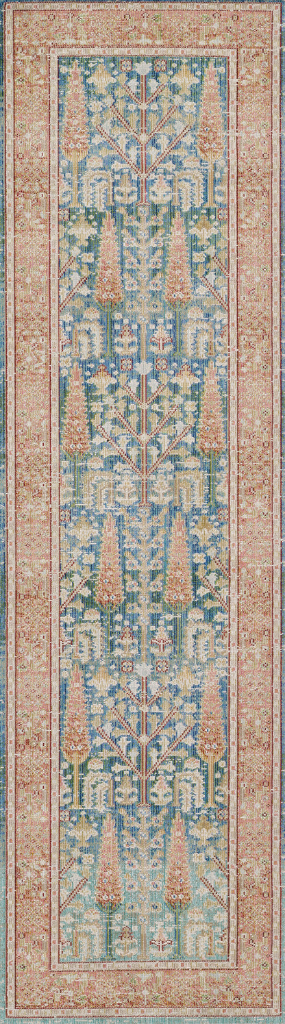 Isabeisa blue-peach Persian-style runner rug with intricate floral/tree motifs on beige background, long narrow.