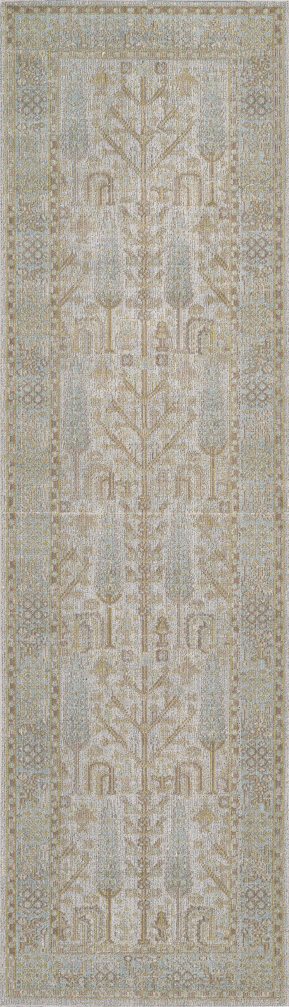 Rectangular ivory-beige runner rug with pale blue and taupe lattice floral motif; traditional decorative floor runner.