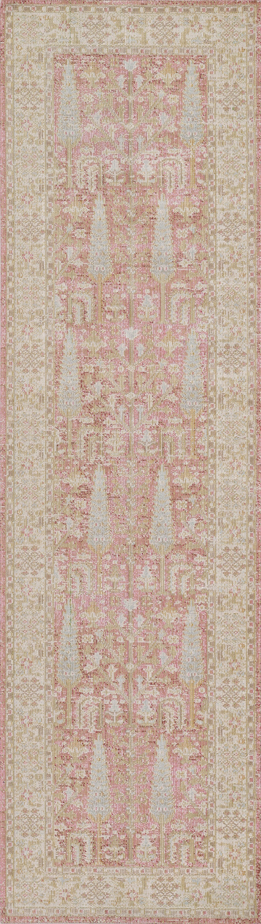 Cream rug, 5' x 7', with dusty pink Persian-style motifs and an ornamental border; soft oriental textile.
