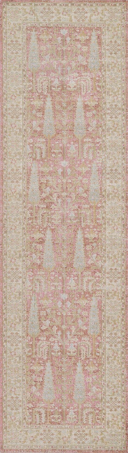 Cream rug, 5' x 7', with dusty pink Persian-style motifs and an ornamental border; soft oriental textile.