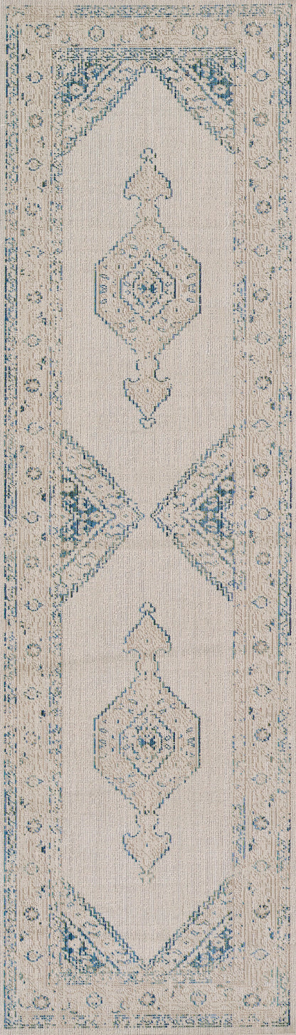 Blue and ivory area rug with geometric medallions and ornate border, indoor decorative rug.