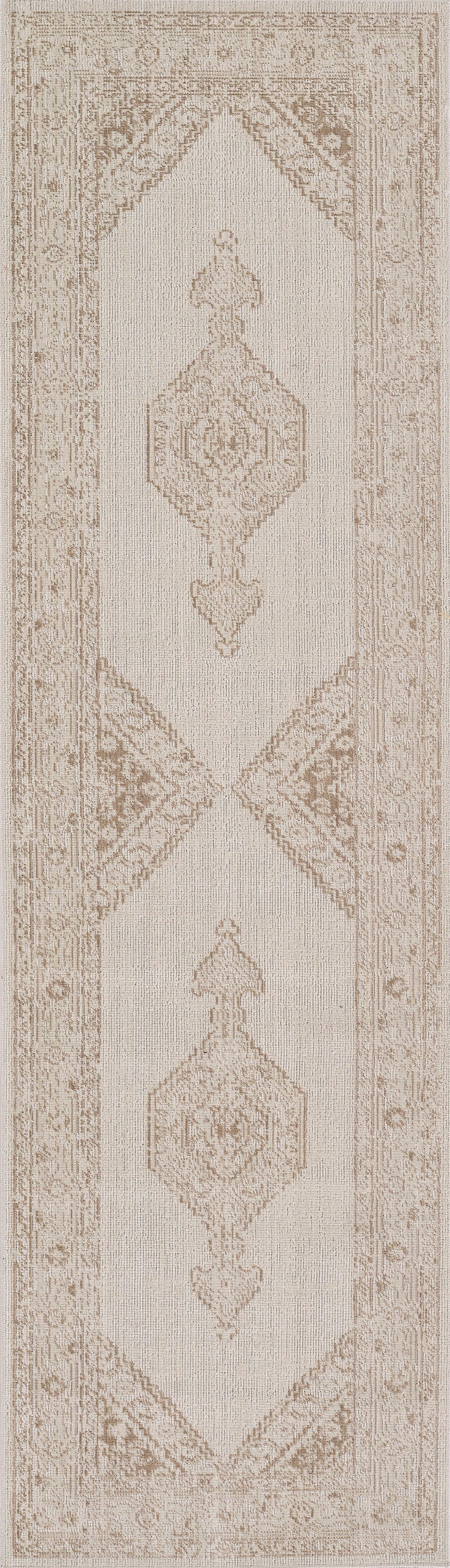 Isabeisa beige-brown runner rug with two central medallions, ornate border, soft muted tones.