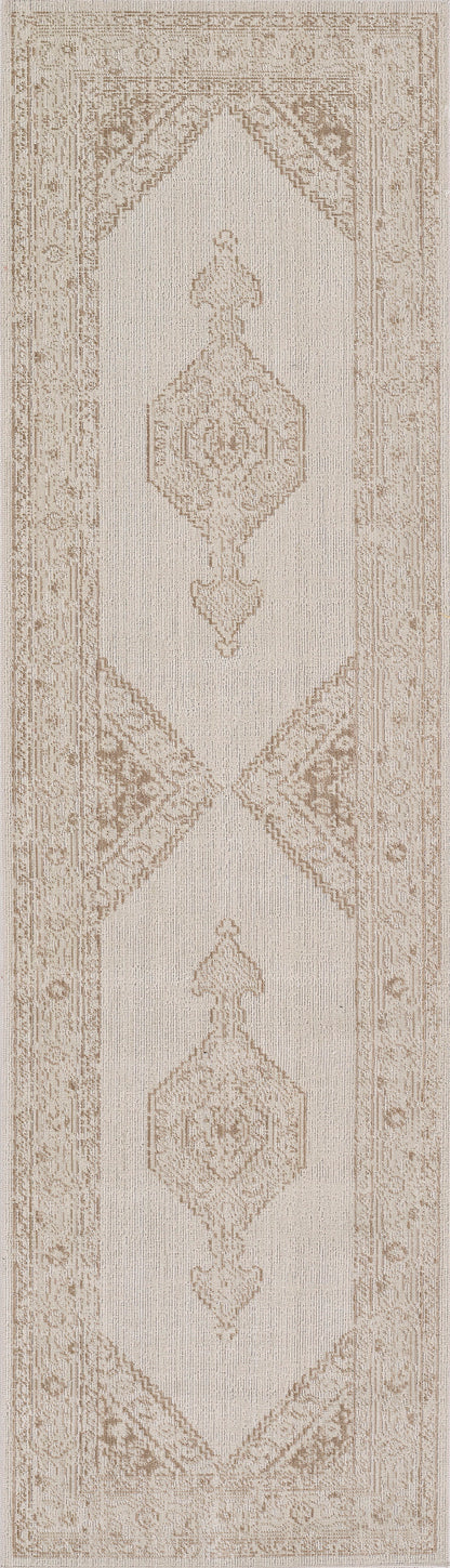 Beige oriental runner rug with brown repeating diamond medallions and floral border; hallway decor.