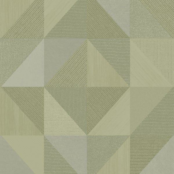 Geometric wallcovering pattern in muted greens & grays with triangles & diamonds, textured finish.