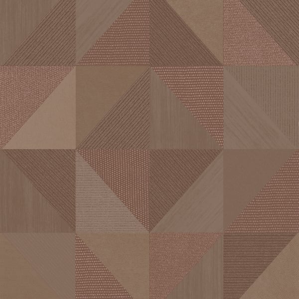 Brown patchwork wallcovering pattern with triangles and diamonds in varied textures and warm neutral tones.