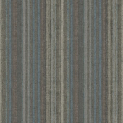 Vertical striped wallpaper in muted gray, taupe, beige and blue; textured finish.
