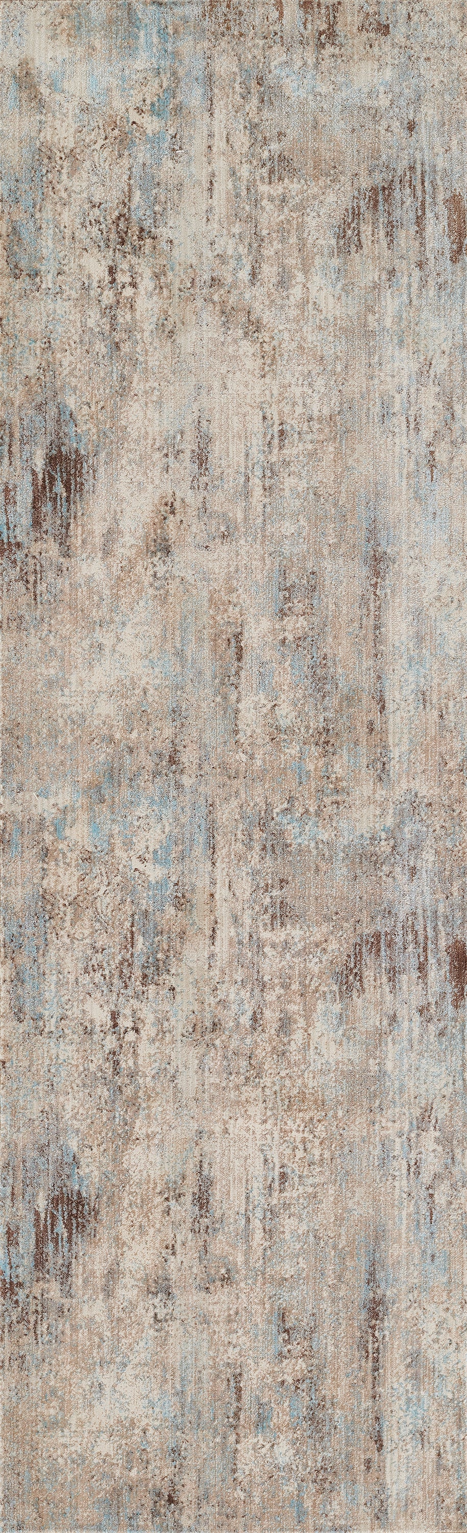 Distressed beige rug with blue & brown patches; vintage-inspired flat-weave look, versatile living room floor covering.