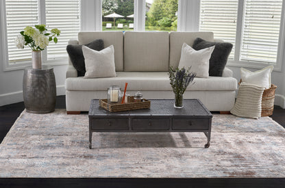 Neutral living room: beige sofa, rectangular dark wood coffee table with drawers, blue-gray area rug, and greenery.