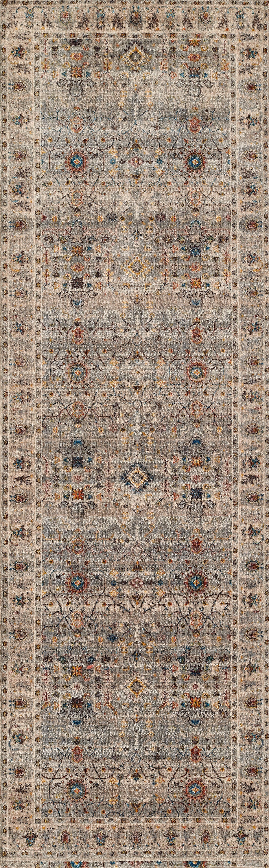 Gray oriental runner rug with cream, blue, and orange medallions and a floral border.