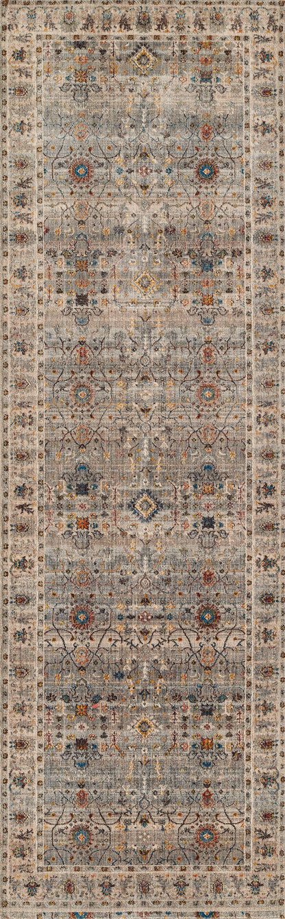 Gray oriental runner rug with cream, blue, and orange medallions and a floral border.