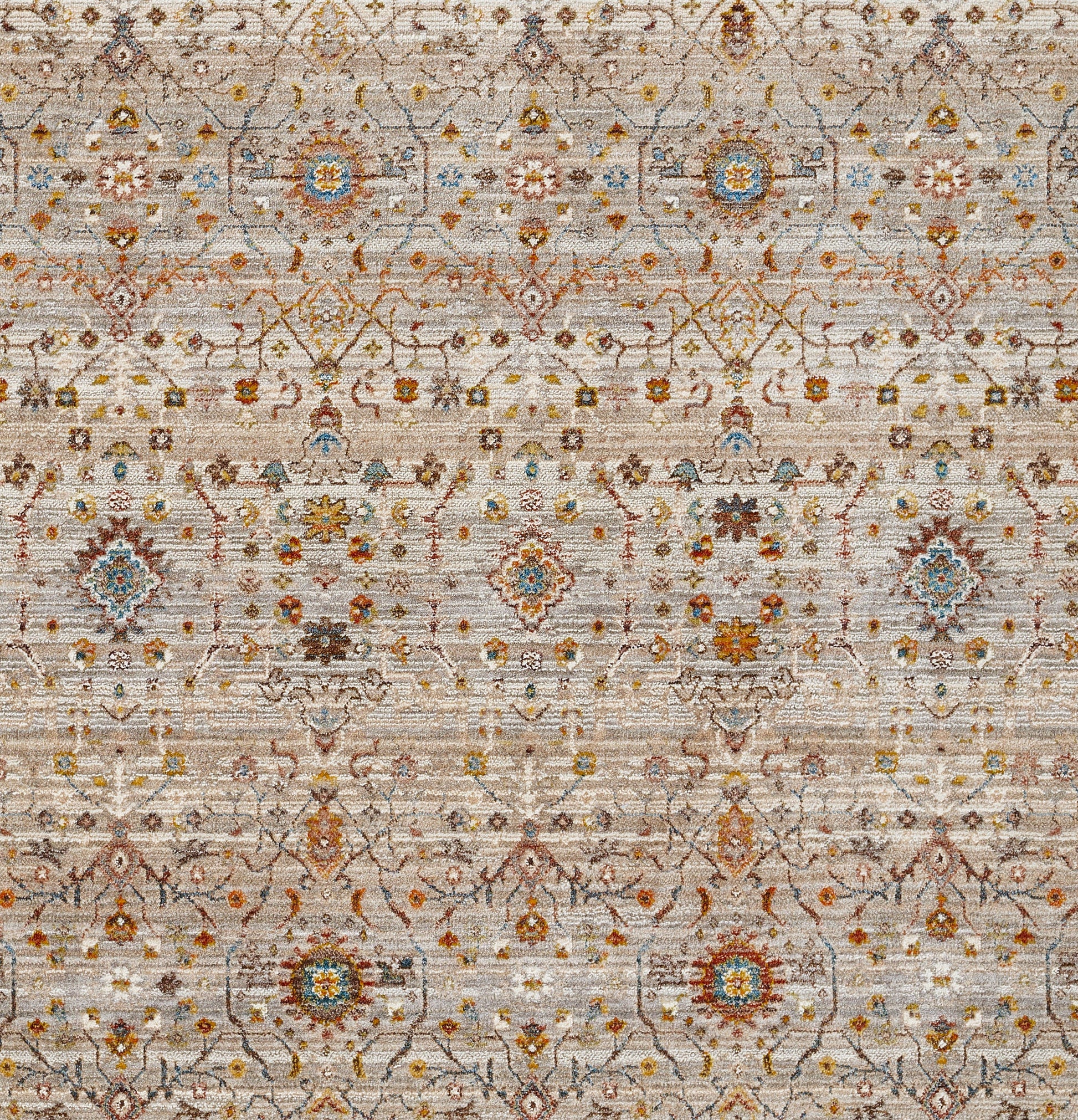 Gray distressed woven rug with teal, ivory and gold floral medallions in a Persian-inspired vintage pattern.